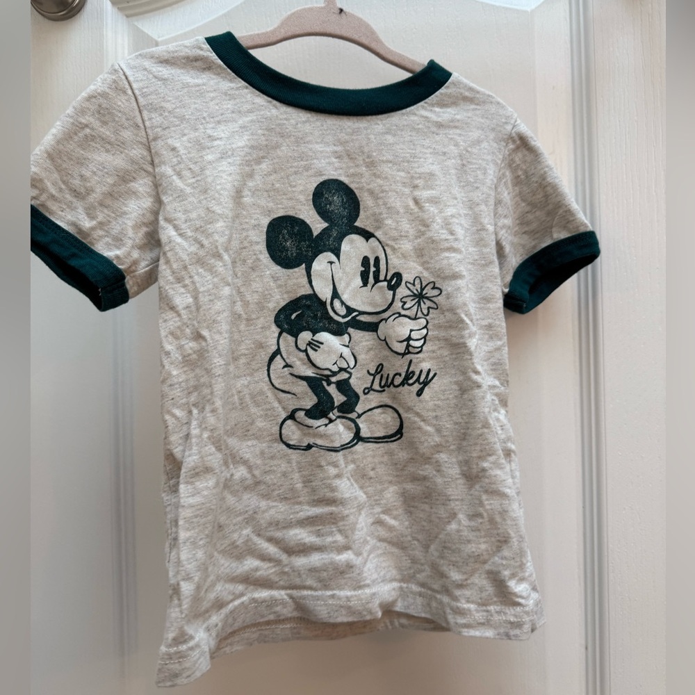 Disney Jr. Mickey Mouse Gray and Green Lucky Short Sleeve Tee.